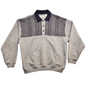 Norm Thompson Mens XL Gray Cable Knit Textured Polo Sweatshirt Long Sleeve Navy